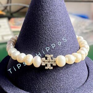 NEW!  TORY BURCH IMMITATION PEARL AND CRYSTAL PAVE LOGO BRACELET